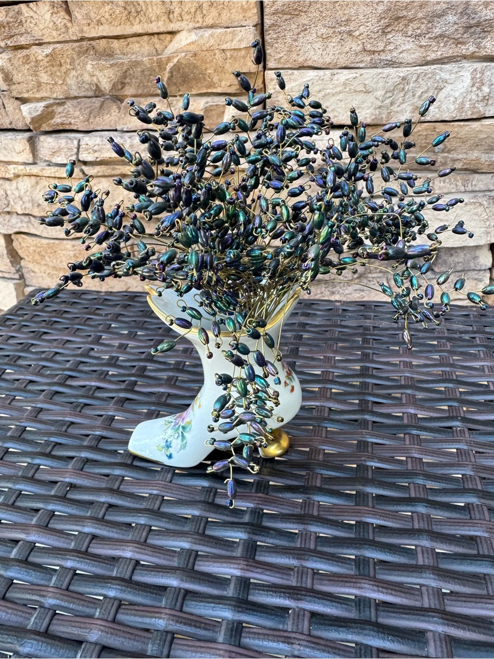 Decorative Iridescent Beaded Spray Arrangement in Green-Blue-purple